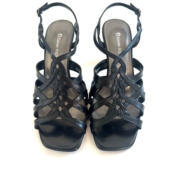 ETIENNE AIGNER BLACK LEATHER SQUARE-TOE CAGED GLADIATOR SLING BACK SANDALS Sz8 - Picture 13 of 13